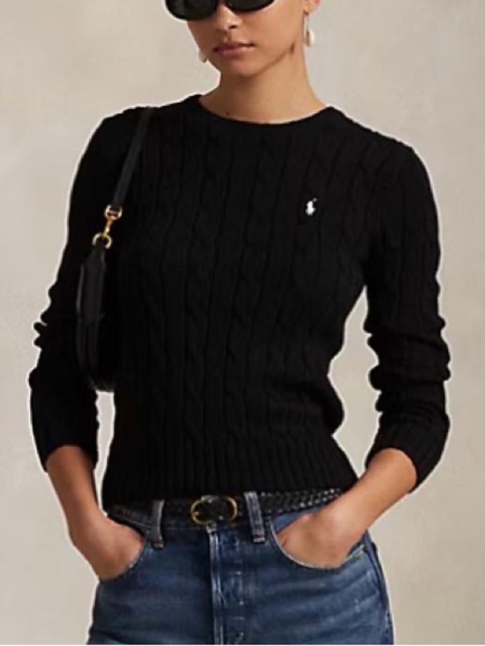 Polo Ralph Lauren 100% Cotton Cable-Knit Crewneck Sweater - Black / White Pony